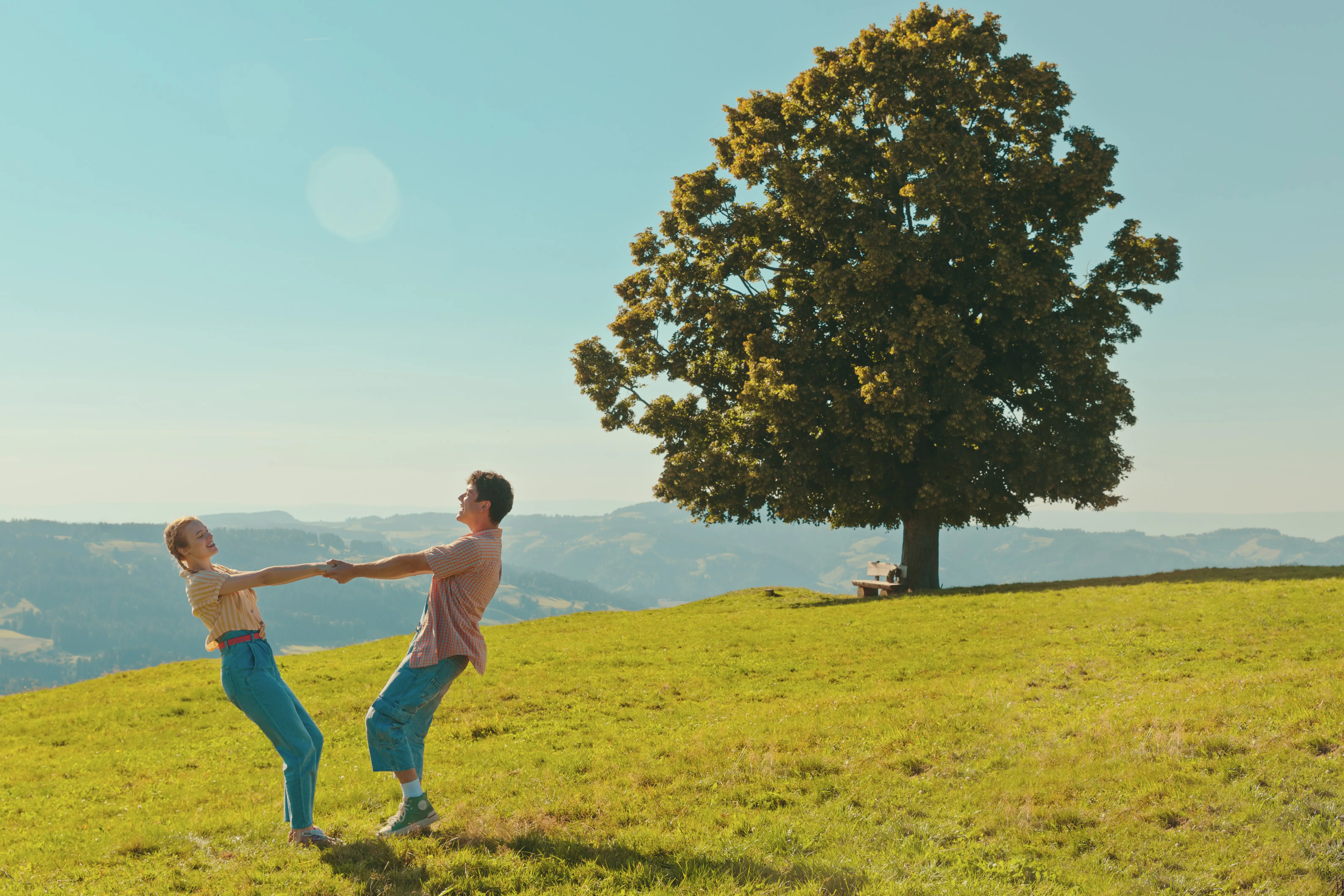 Ein Pärchen hält Händchen und lehnt sich auf einem grasbewachsenen Hügel mit einem großen Baum und einer Bank unter klarem, blauem Himmel zurück.